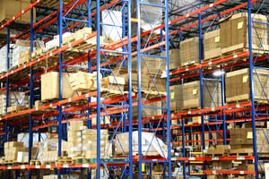 Multiple aisles of warehouse pallet racking