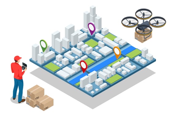 Illustration of Drone delivery Within a City - Smart Warehousing