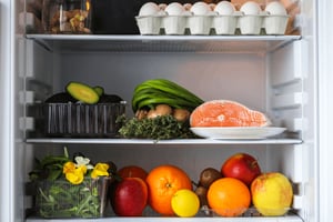 Refrigerator Full of Fresh Fruits, Vegetables, Eggs and Fish - Smart Warehousing